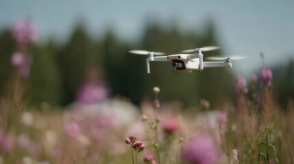 person launches drone against backdrop of blooming field observing overlaid d map of terrain