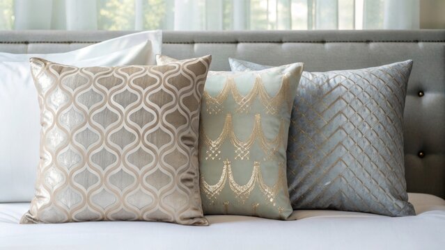 Elegant decorative pillows with intricate patterns on a bed