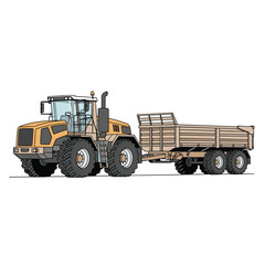 Obraz premium Powerful off road agricultural tractor pulling a large wooden trailer across the field for harvesting or transportation tasks