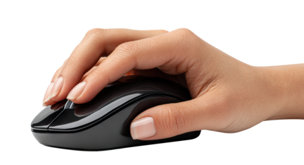 Female hand holding black computer mouse, isolated on transparent cutout background
