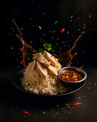 Hainanese Chicken Rice with splash in black background