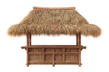 A thatched tiki bar hut.  Front view of a small,  wooden and straw hut-like bar structure