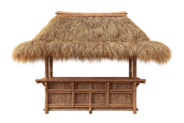 A thatched tiki bar hut.  Front view of a small,  wooden and straw hut-like bar structure