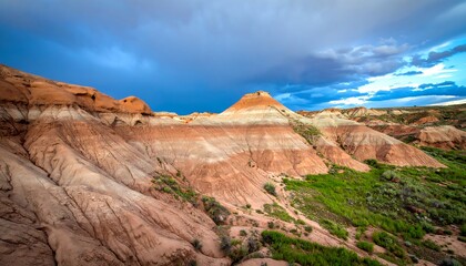 Fototapeta premium Colorful, layered hills under dramatic sky