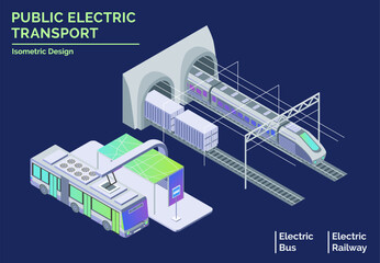 Obraz premium Cartoon Color Different Public Electro Transport Electric City Transportation Concept 3d Isometric View Line Elements. Vector illustration