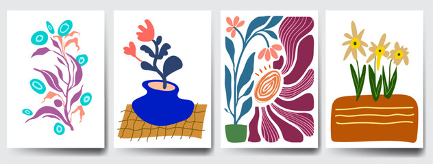 Groovy abstract flower art set. Organic doodle shapes in trendy naive retro hippie 60s 70s style. Contemporary doodle art design for print, wallpaper, clipart, wall art for home decoration, poster.