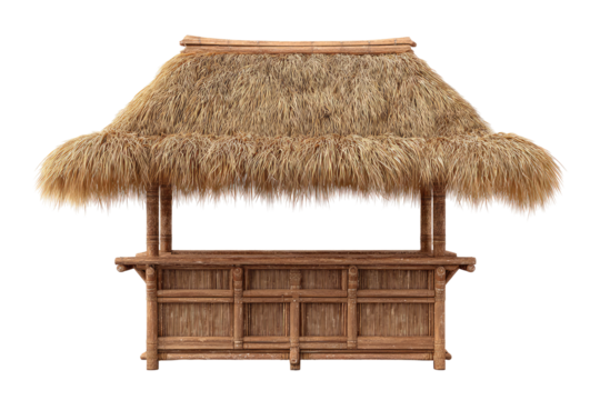 A thatched tiki bar hut.  Front view of a small,  wooden and straw hut-like bar structure