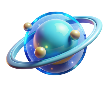 3d of a blue planet with rings and satellites space exploration theme 3d illustration isolated on transparent background