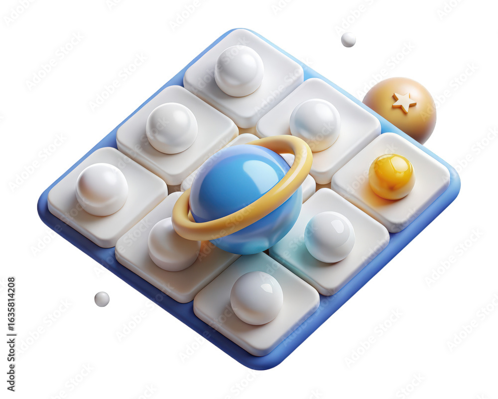 Poster abstract 3d of planets and spheres on tile grid surreal minimalistic composition 3d illustration iso
