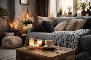 modern living room with warm lighting, indoor plants, cozy blankets and a cup of tea on the coffee table, comfortable home atmosphere 