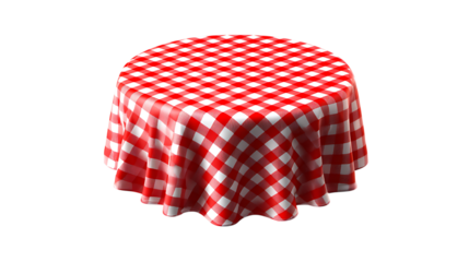 Round table is covered with red and white checkered tablecloth isolated on white or transparent png