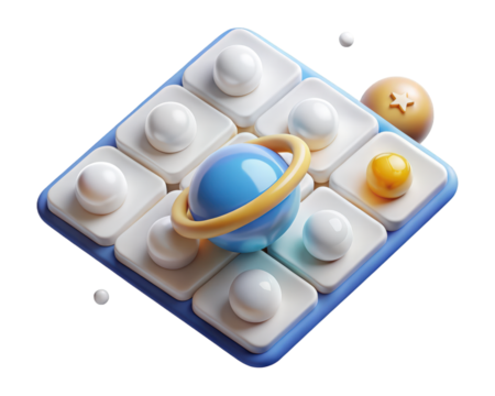 Abstract 3d of planets and spheres on tile grid surreal minimalistic composition 3d illustration isolated on transparent background