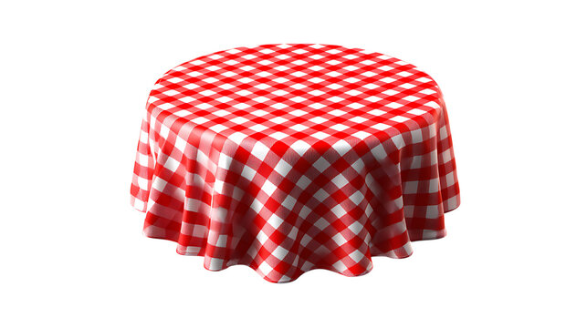 Round table is covered with red and white checkered tablecloth isolated on white or transparent png