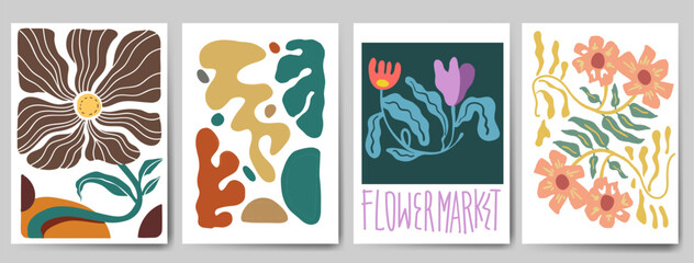 Groovy abstract flower art set. Organic doodle shapes in trendy naive retro hippie 60s 70s style. Contemporary doodle art design for print, wallpaper, clipart, wall art for home decoration, poster.