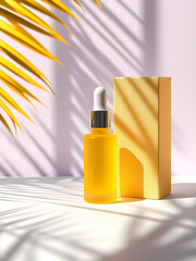 Yellow Dropper Bottle with Box on Minimal Background with Tropical Palm Shadows