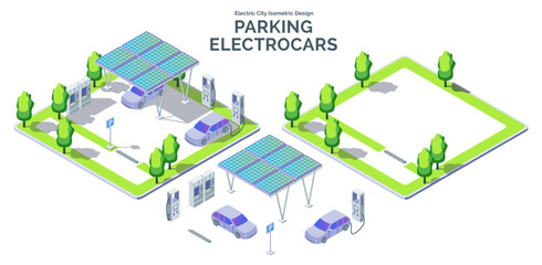 Cartoon Color Electrocar Parking Area with Separate Set Electric City Transportation Concept 3d Isometric View Line Elements. Vector illustration