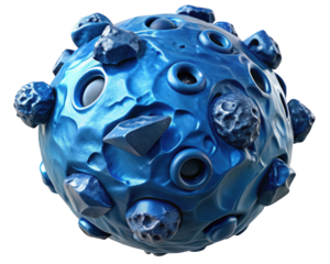 Abstract blue planet with holes and rocks satellite concept science fiction design 3d illustration isolated on transparent background