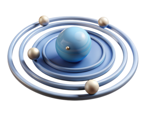 Abstract blue sphere orbiting rings with silver spheres 3d illustration isolated on transparent background