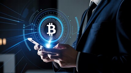 Businessman using smartphone with glowing bitcoin cryptocurrency digital interface