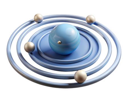 Abstract blue sphere orbiting rings with silver spheres 3d illustration isolated on transparent background