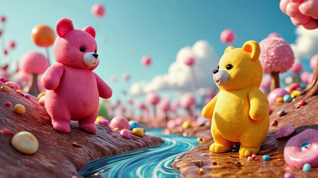 Two cute teddy bears in magical candy land with chocolate rivers, lollipop trees and colorful sweets, representing whimsical fantasy world, children's dreams and sweet adventure.