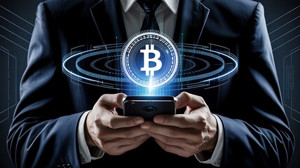 Businessman holding a smartphone displaying a glowing bitcoin cryptocurrency symbol