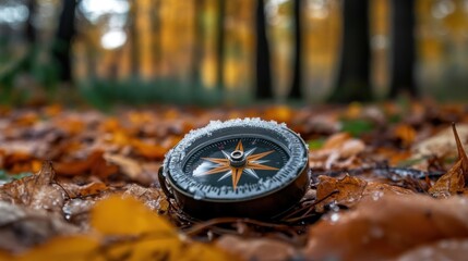 Compass on Autumn Leaves, Exploration and Adventure in the Forest