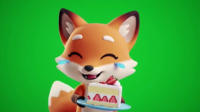 Adorable 3D Animated Fox Character Laughing While Enjoying a Slice of Strawberry Shortcake on a Blue Plate with Isolated Green Screen Background Perfect for Celebratory Animated Projects and Sweet
