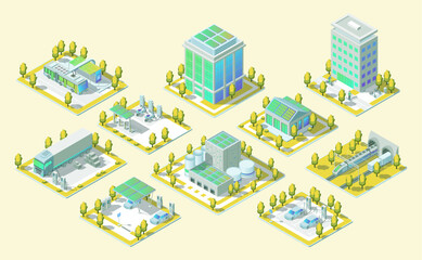 Cartoon Color Electric City Transportation Concept with Elements of Architecture and Vehicles on Platform 3d Isometric View. Vector illustration