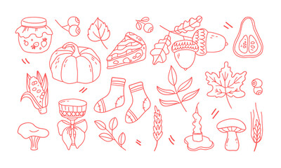set of cozy autumn doodles. Pumpkin, pie, acorn, corn