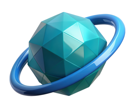 Abstract geometric planet with ring in turquoise and blue colors 3d illustration isolated on transparent background
