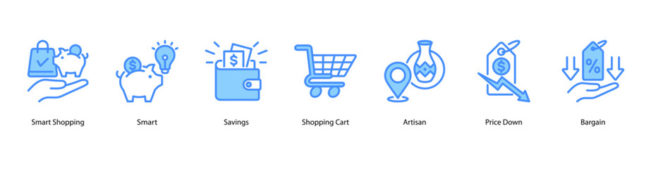 Smart Spending Decisions web banner icon vector illustration featuring Smart Shopping, Smart, Savings, Shopping Cart, Artisan, Price Down, and Bargain.