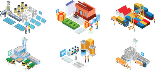 Complete isometric Illustration Pack of Modern Isometric Logistic Loading Activities, Suitable for Diagrams, Infographics, Book Illustrations, Game Assets and Other Graphic Related Assets