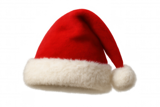 Red and white santa claus hat floating on a transparent background, perfect for christmas projects