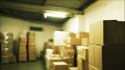 Fototapeta premium Warehouse interior with neatly stacked boxes, soft overhead light creating an orderly atmosphere.