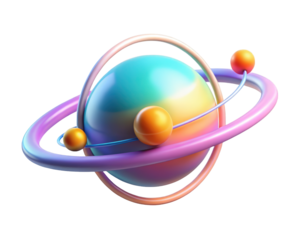 Abstract pastel planet with satellites orbiting around it futuristic 3d illustration isolated on transparent background