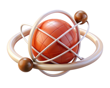 Abstract orange sphere with atomic orbit design technology connectivity and innovation 3d illustration isolated on transparent background