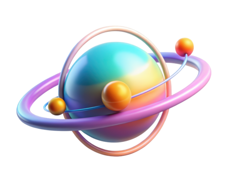 Abstract pastel planet with satellites orbiting around it futuristic 3d illustration isolated on transparent background