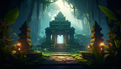 Fototapeta premium Ancient stone temple ruins surrounded by lush green jungle with soft light rays filtering through dense foliage creating mystical and tranquil atmosphere