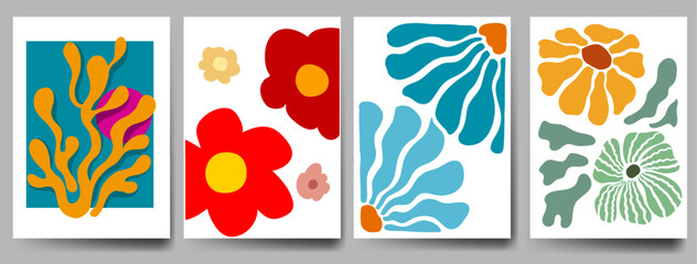 Botanical doodle background art vector set. Flower and leaves abstract shape doodle art design retro hippie 60s 70s style. for print, wallpaper, clipart, wall art for home decoration.