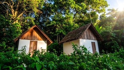 Two small wooden houses nestled in a lush green forest