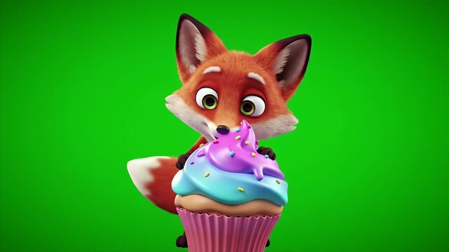 Adorable Cartoon Fox Hugging a Pastel Cupcake Isolated on Green Screen Background Perfect For Digital Projects and Children's Content Stock Animation Illustration