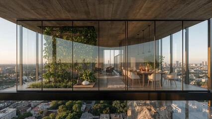 Luxurious modern apartment interior with panoramic city views and outdoor terrace featuring greenery and dining space