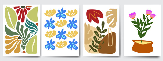 Botanical doodle background art vector set. Flower and leaves abstract shape doodle art design retro hippie 60s 70s style. for print, wallpaper, clipart, wall art for home decoration.