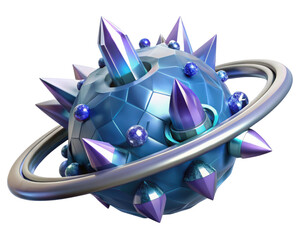 Abstract planet with crystals and ring futuristic sphere with spikes and spheres 3d illustration isolated on transparent background