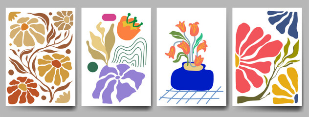 Botanical doodle background art vector set. Flower and leaves abstract shape doodle art design retro hippie 60s 70s style. for print, wallpaper, clipart, wall art for home decoration.