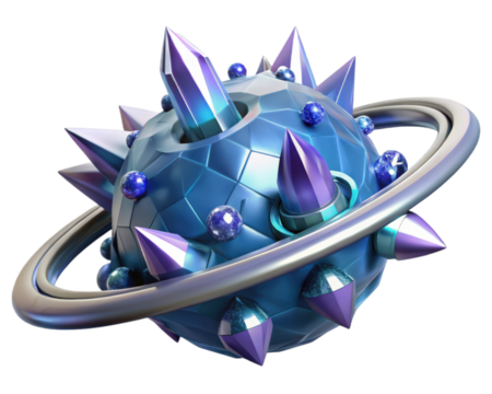 Abstract planet with crystals and ring futuristic sphere with spikes and spheres 3d illustration isolated on transparent background
