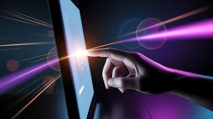 Close up of a hand touching a futuristic digital screen with glowing light effects
