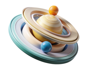 Abstract planetary system design with spheres and rings soft pastel colors 3d illustration isolated on transparent background