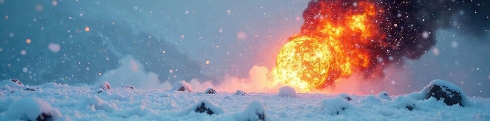 A frozen landscape shattered by a powerful explosion, ice shards flying amidst a blizzard The contrast of cold and fiery destruction creates a dramatic winter scene , disaster, destruction